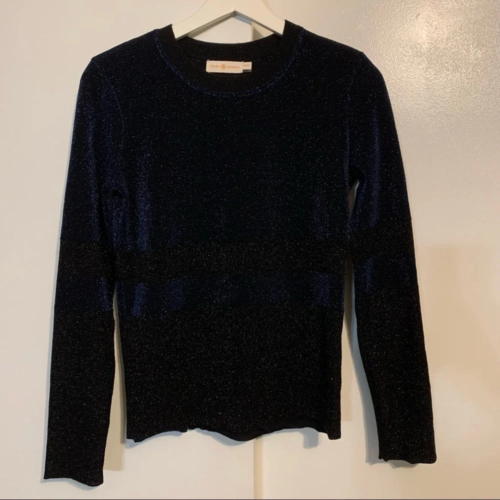 Tory Burch XS color block wool blend pullover crew neck sweater ribbed metallic